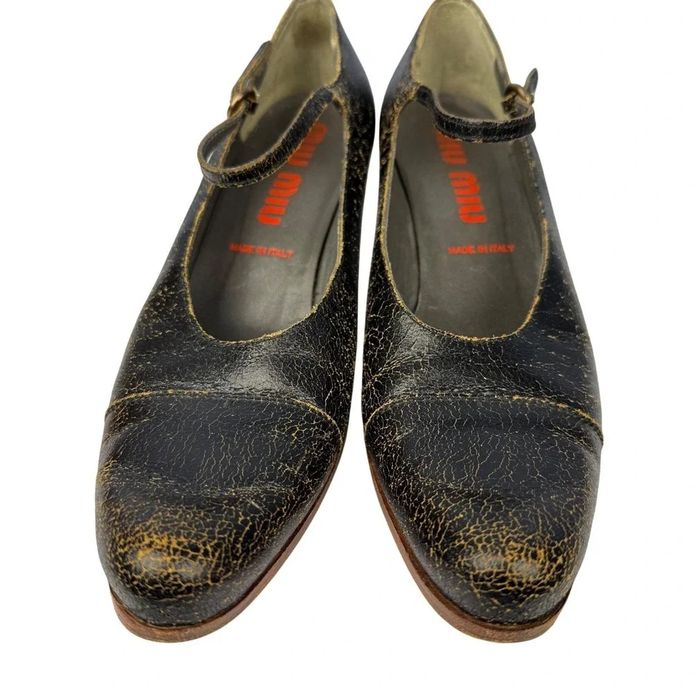 Vintage 2001 MIU MIU‎ Size 37 Black Crackle Leather Mary Janes Kitten Heels Y2K